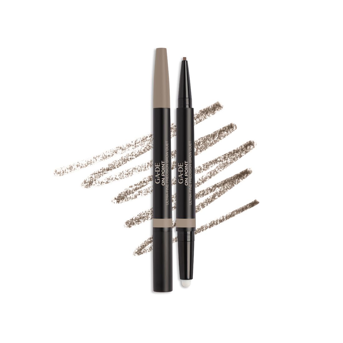 Ga-De On Point Ultra Fine Brow Duet. Zwei Stifte, dunkelgrau. Aufschrift: On Point Ultra Fine Brow Duet. Brauenstrich.