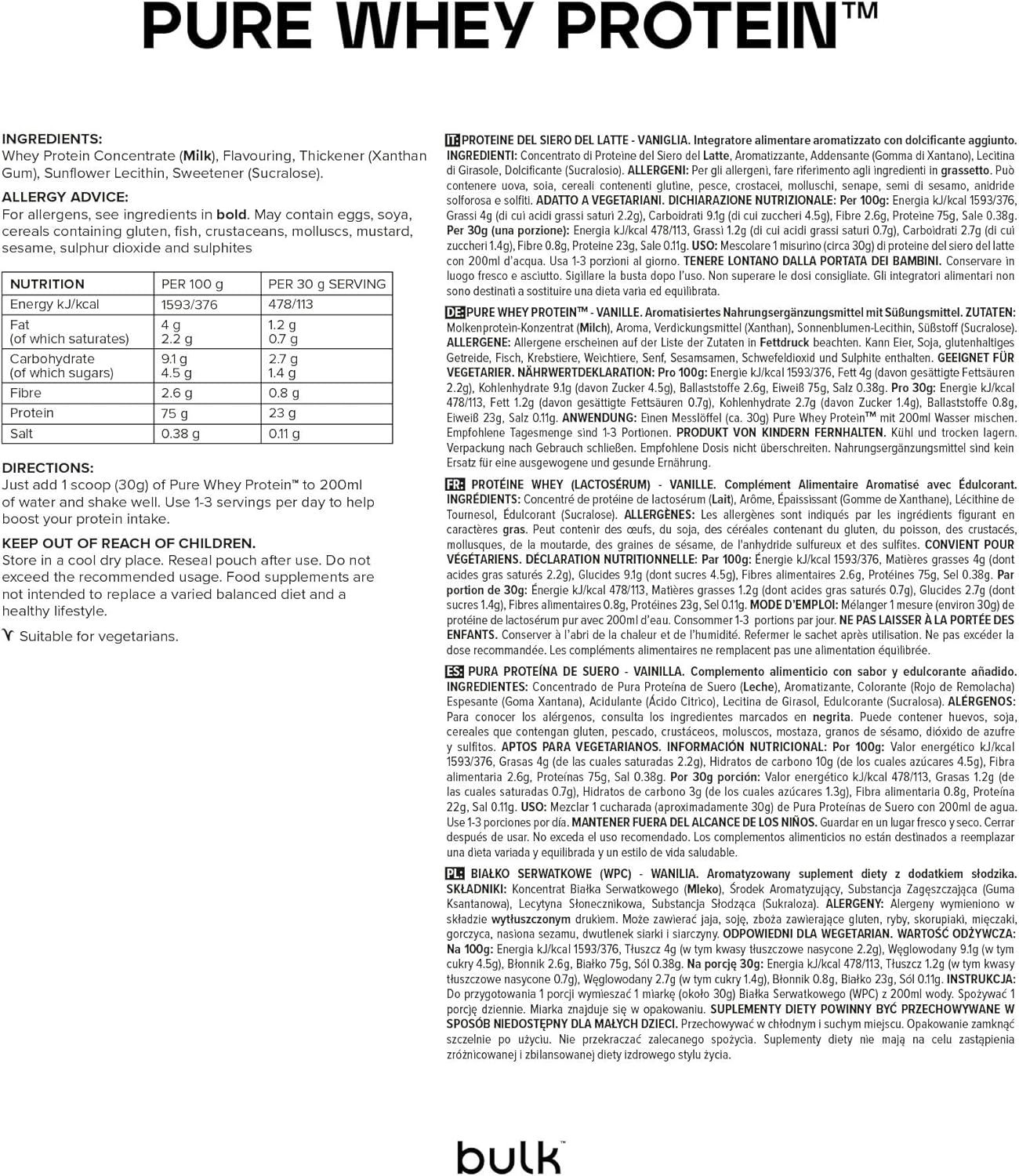 Textseite mit Inhaltsstoffen und Nährwertangaben für Pure Whey Protein. Enthält Informationen zu Allergenen.