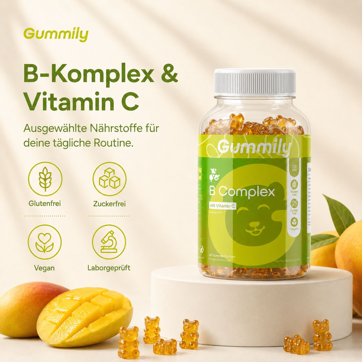 Gummily B-Komplex & Vitamin C Gummibärchen, glutenfrei, zuckerfrei, vegan.