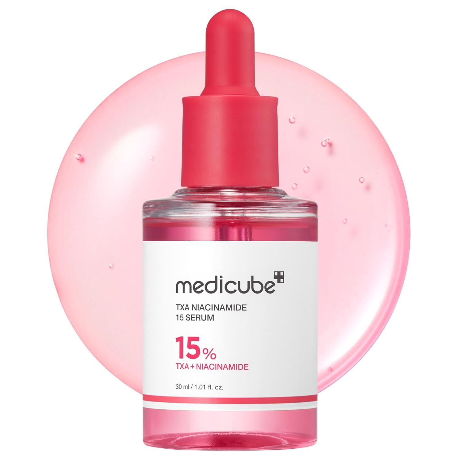 Serumflasche mit roter Pipette. Aufschrift: Medicube TXA Niacinamide 15 Serum. 15% TXA + Niacinamide. 30 ml / 1.01 fl. oz.
