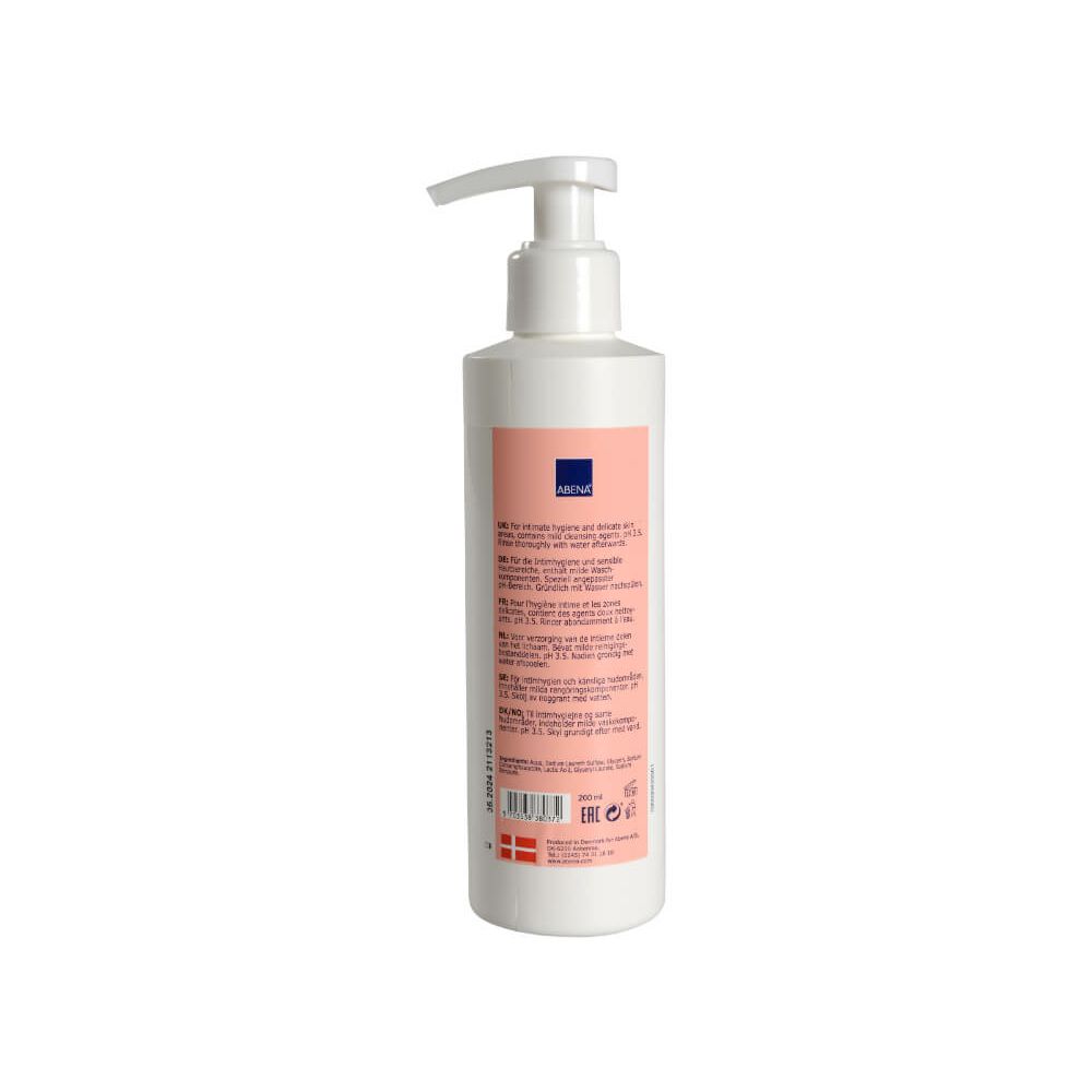 Weiße Flasche mit Dosierpumpe. Rückseite mit Text in mehreren Sprachen. Rosa Etikett. Unten: 200 ml.