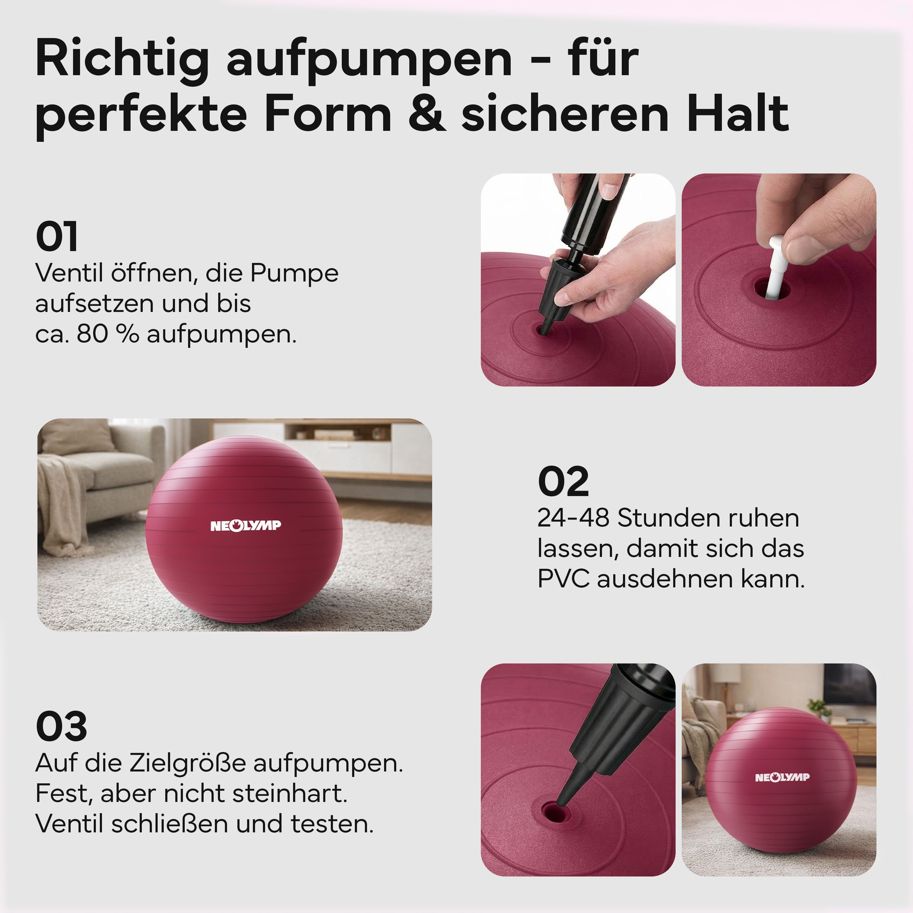 Anleitung zum Aufpumpen eines roten Gymnastikballs.