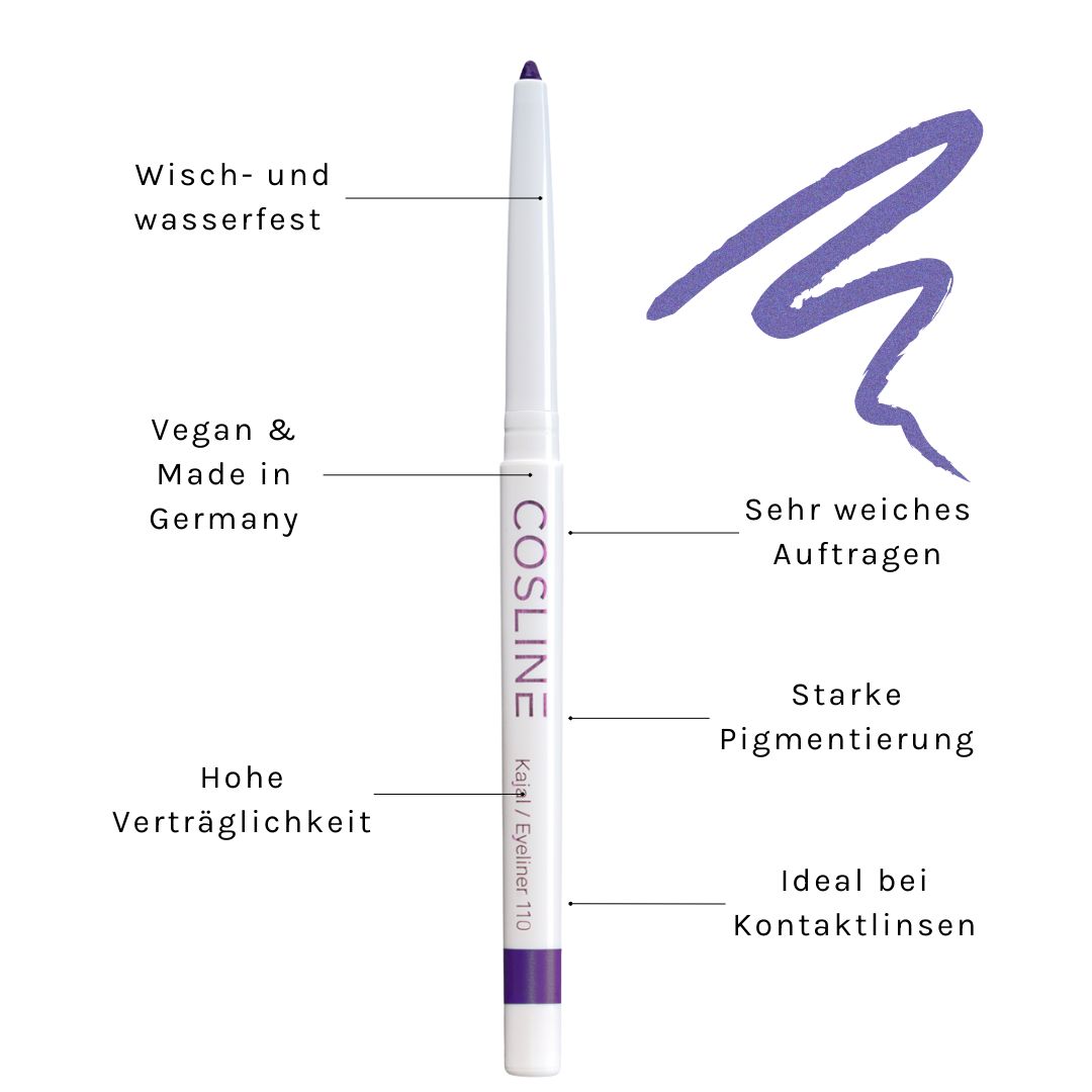 Weißer Kajal-Eyeliner von Cosline mit lila Spitze. Text: "Wisch- und wasserfest", "Vegan & Made in Germany", "Hohe Verträglichkeit".