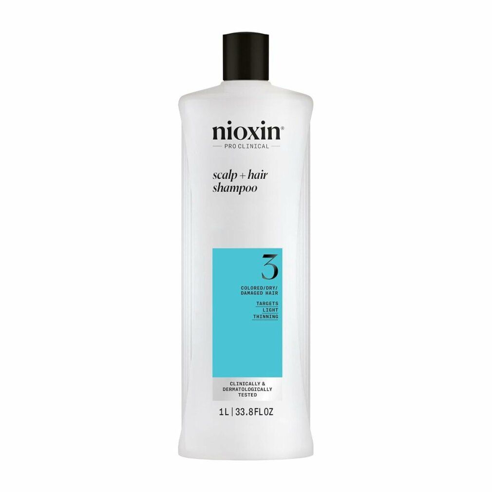 Weißes Shampoo-Flakon mit schwarzem Deckel. Türkisfarbenes Etikett mit Text. Aufschrift: Nioxin, Shampoo, 3, 1L.