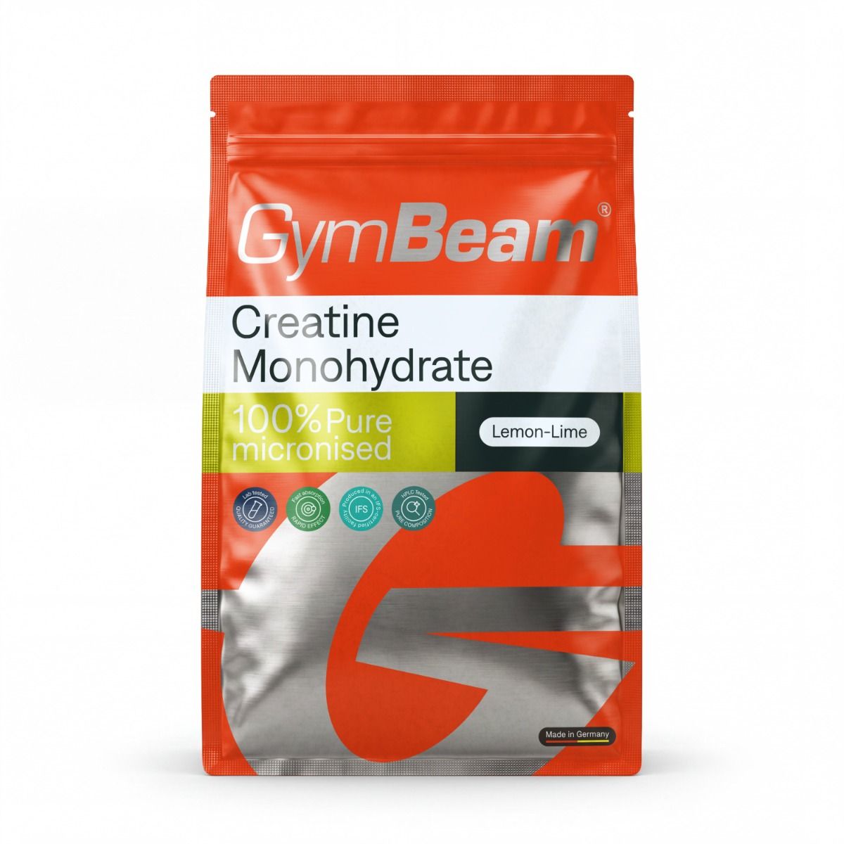 GymBeam Kreatin Monohydrat Pulver, 100% rein mikronisiert, Lemon-Lime Geschmack. Orangefarbene Verpackung mit Siegeln.