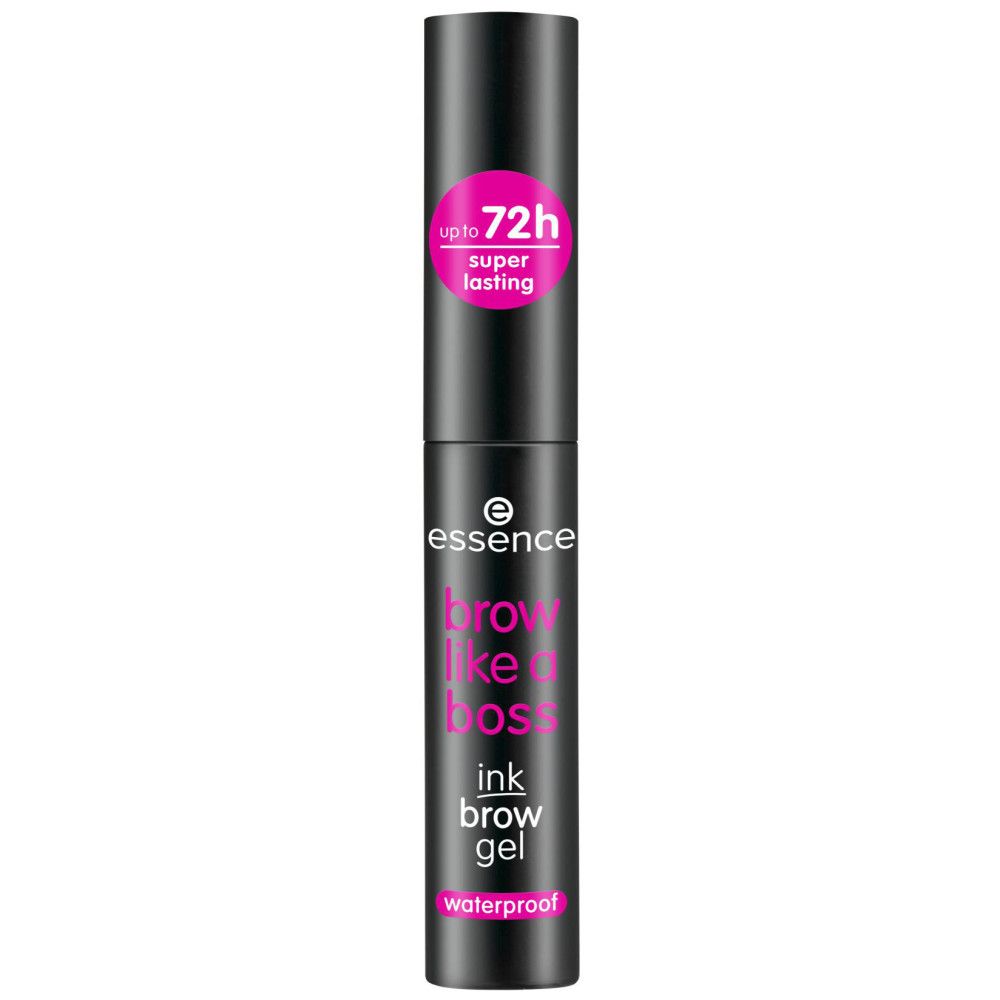 Augenbrauengel. Schwarze Tube mit pinkfarbenem Aufdruck. "Essence" und "brow like a boss ink brow gel" Text. "72h super lasting" Aufkleber.