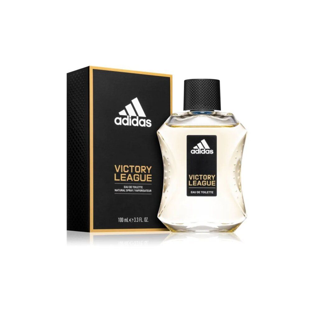 Parfümflasche und Schachtel. Auf der Schachtel und Flasche steht Adidas Victory League. 100 ml.