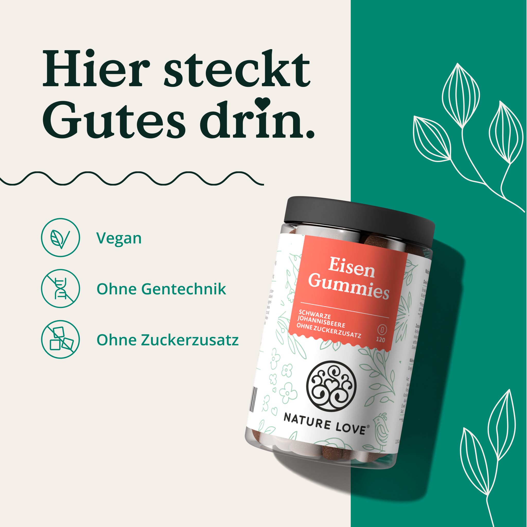 Dose mit "Eisen Gummies". Symbole: Vegan, ohne Gentechnik, ohne Zuckerzusatz. Logo NATURE LOVE®.