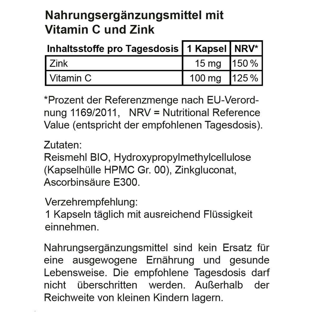 Text auf weißem Hintergrund. Überschrift: Nahrungsergänzungsmittel mit Vitamin C und Zink. Inhaltsstoffe, Dosierung, Zutaten, Verzehrempfehlung.
