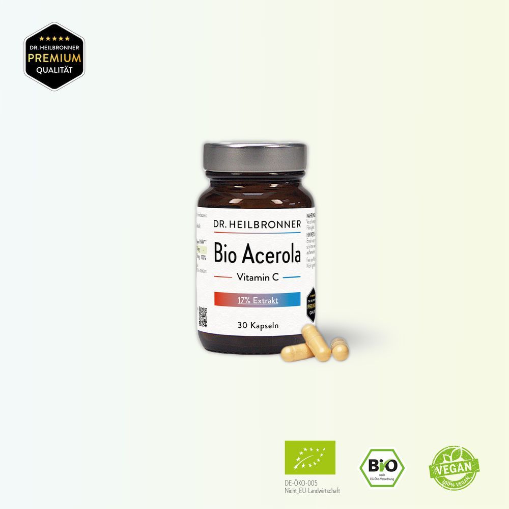 Braune Glasflasche mit Kapseln. Aufschrift: Bio Acerola Vitamin C, 17% Extrakt, 30 Kapseln. Bio- und Vegan-Siegel.