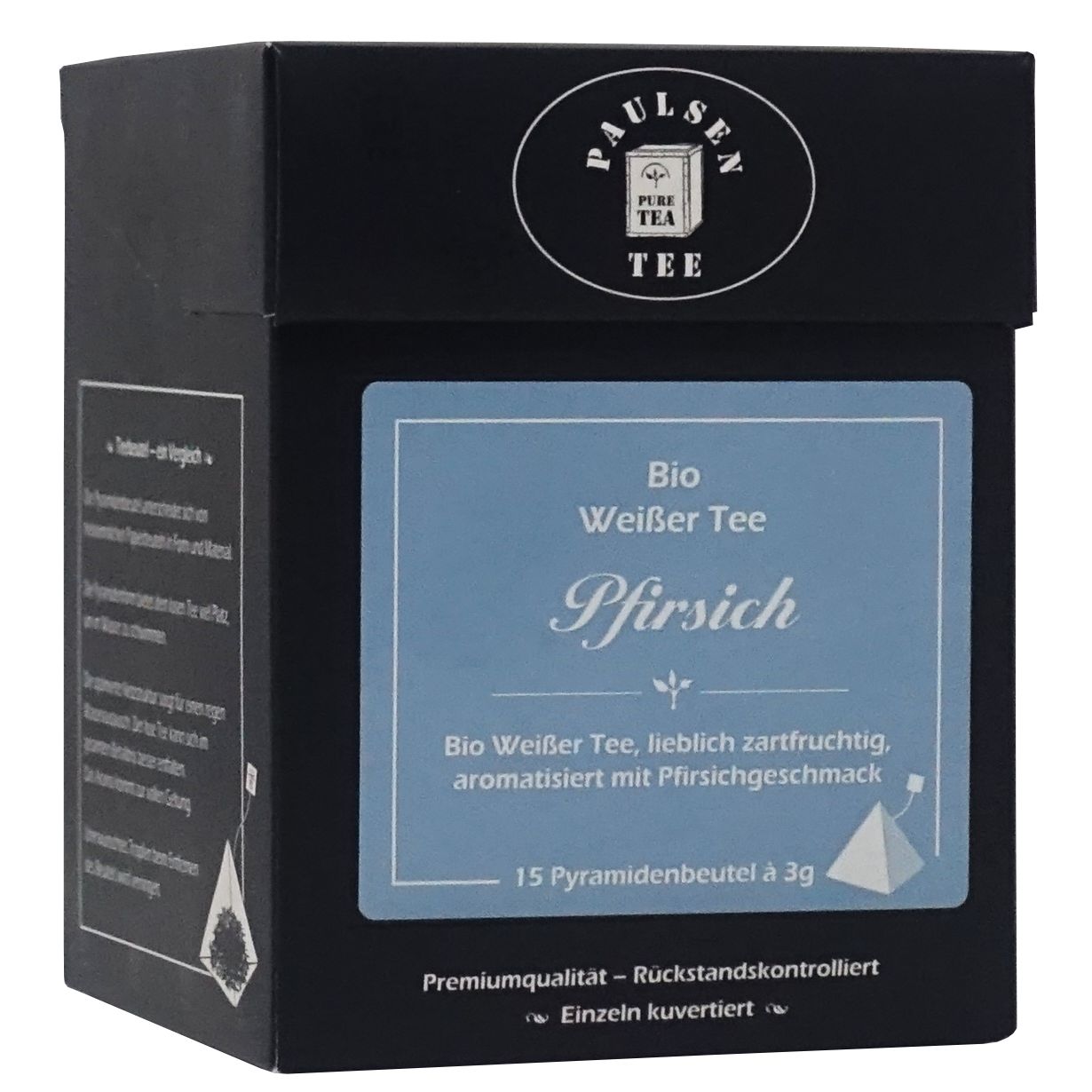 Schwarze Tee-Box mit weißem Logo und blauem Etikett. Aufschrift: Bio Weißer Tee Pfirsich. 15 Pyramidenbeutel.