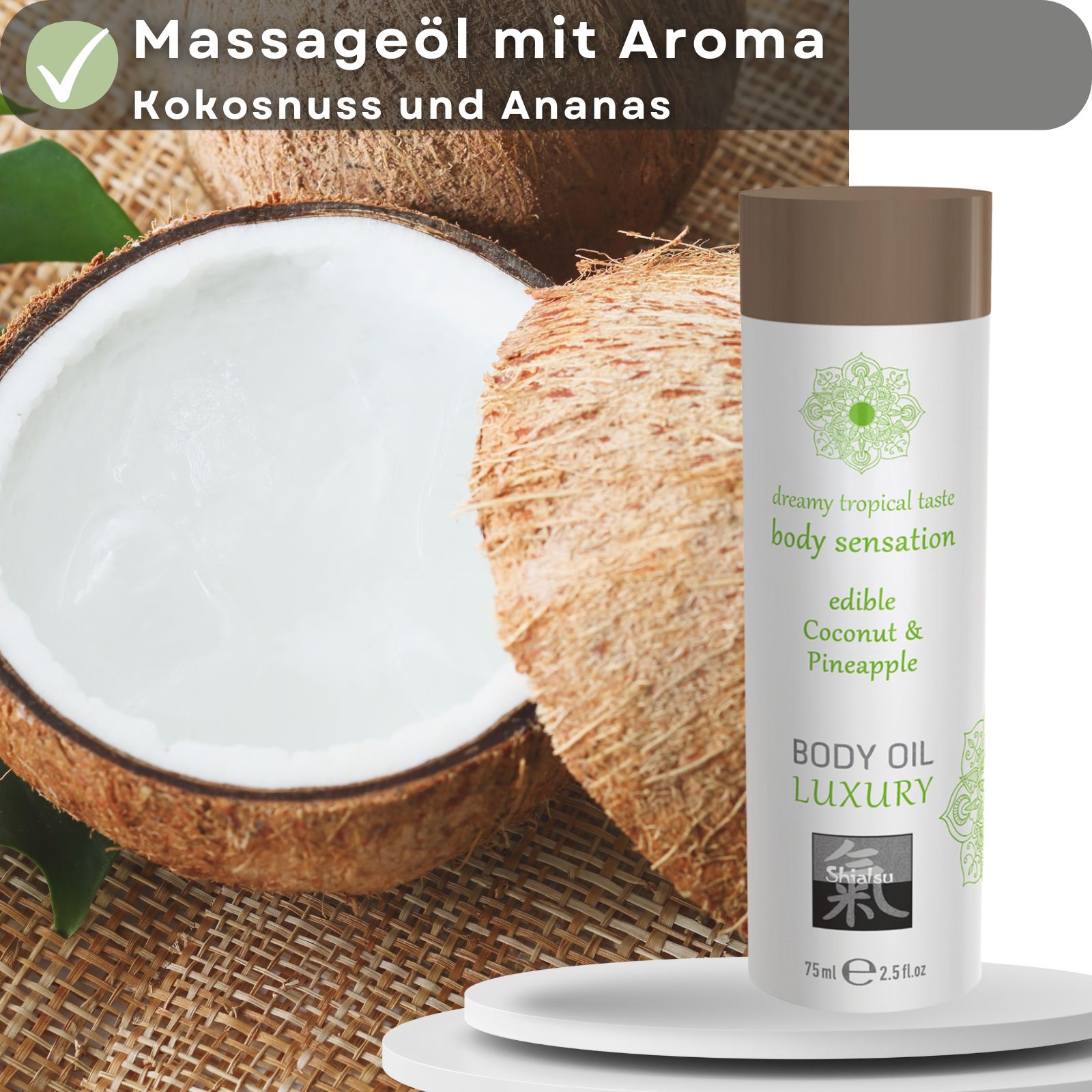 Produktflasche neben Kokosnüssen. Textfeld: Massageöl mit Aroma Kokosnuss und Ananas. Flasche mit grünen floralen Mustern.