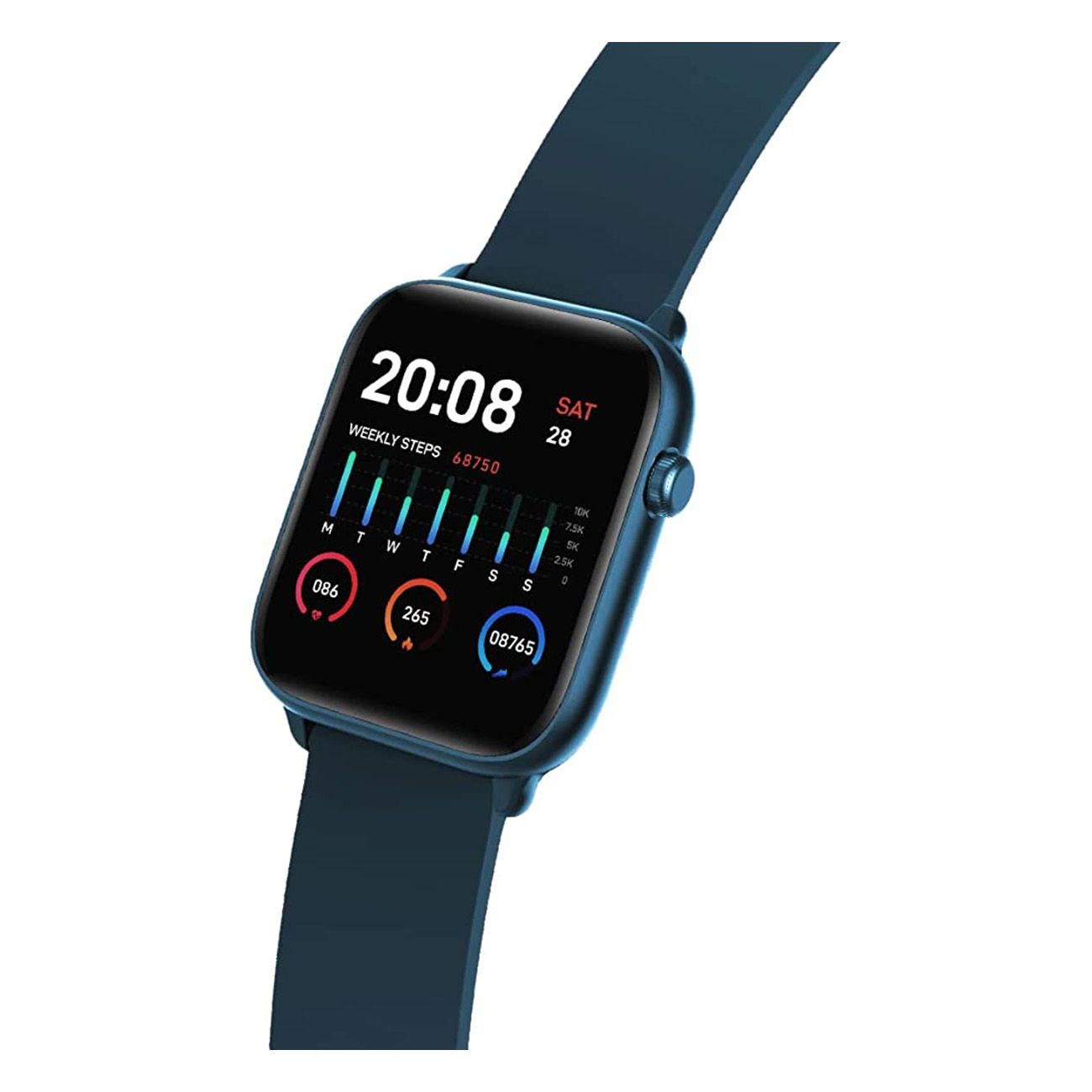 Blauer Fitnesstracker mit quadratischem Display. Zeigt Uhrzeit, Datum und Gesundheitsdaten an. Silikonarmband.