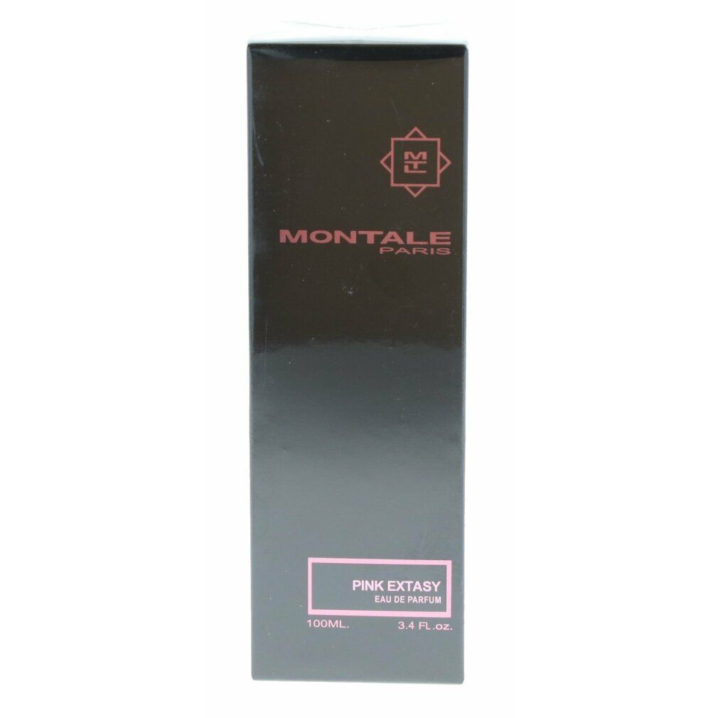 Schwarze rechteckige Verpackung. Oben: Logo und Schriftzug MONTALE PARIS. Unten: PINK EXTASY Eau de Parfum. Rosa Schrift.
