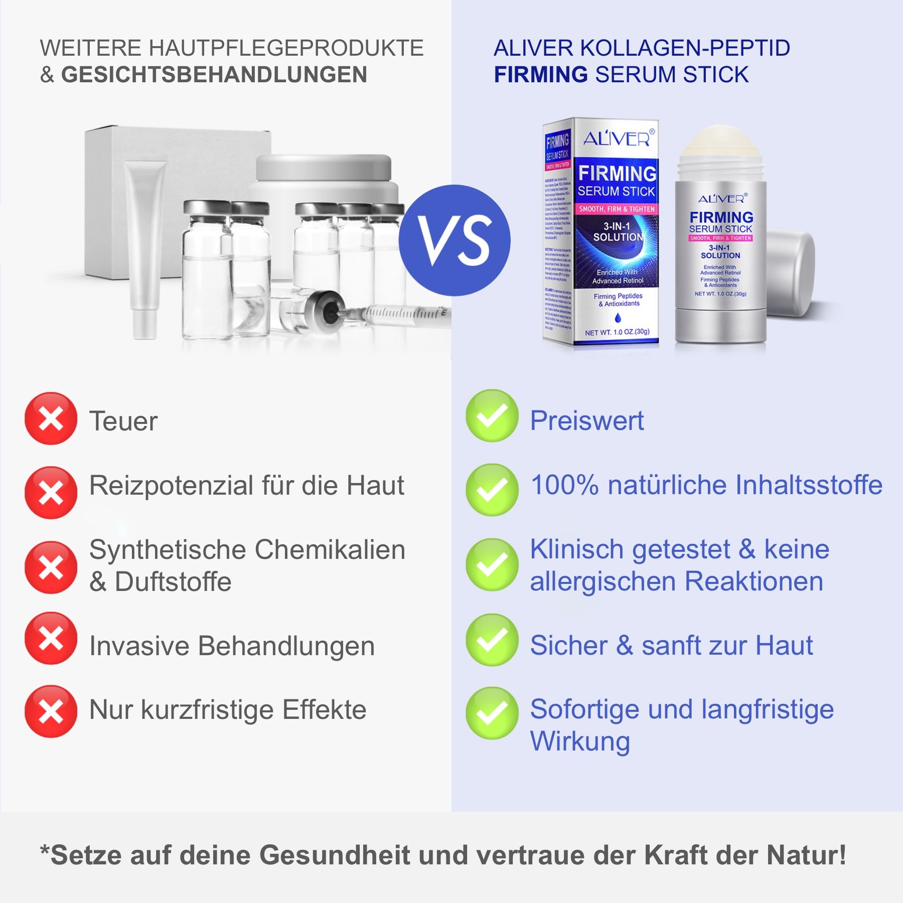 Vergleich: ALIVER Firming Serum Stick vs. andere Hautpflegeprodukte. Vorteile: Preiswert, natürlich, klinisch getestet.