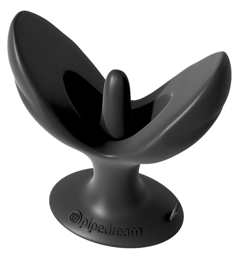 Schwarzes Wellness-Produkt. Form mit zwei Flügeln und einem zentralen Element. Basis mit Logo.