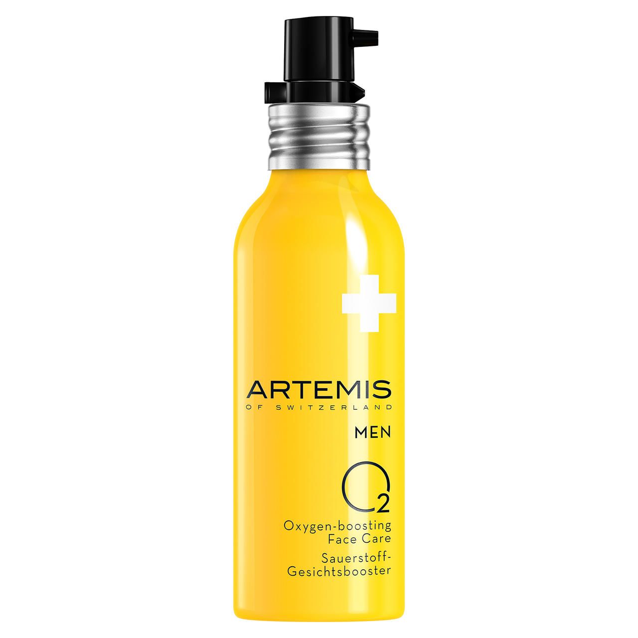 Gelbe Flasche mit schwarzem Pumpkopf. Text: ARTEMIS MEN, O2, Oxygen-boosting Face Care. Weißes Kreuz.