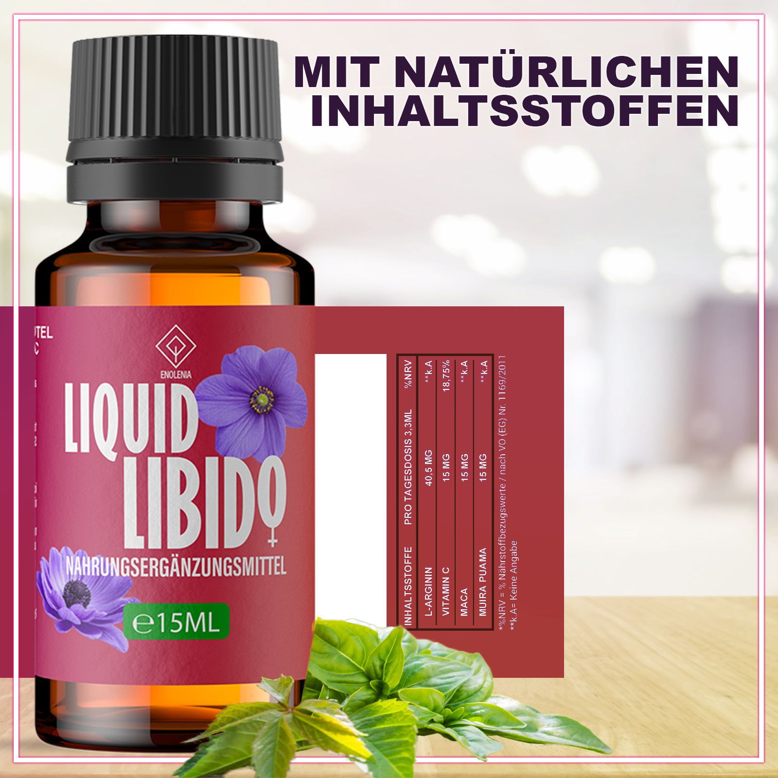 Produktflasche mit Etikett 'Liquid Libido' und Text: Nahrungsergänzungsmittel. Text: Mit natürlichen Inhaltsstoffen. Lila Blume.