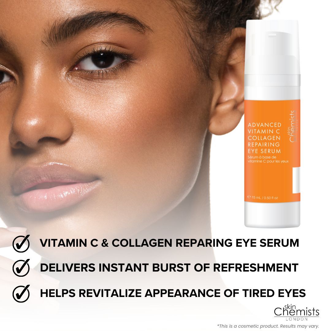 Eine Flasche mit orangefarbenem Etikett neben einem Gesicht. Auf dem Etikett steht "Advanced Vitamin C Collagen Repairing Eye Serum".