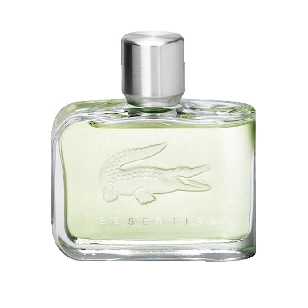 Glasflakon mit silbernem Verschluss. Krokodil-Logo und Schriftzug "ESSENTIAL" auf der Vorderseite. Flüssigkeit hellgrün.