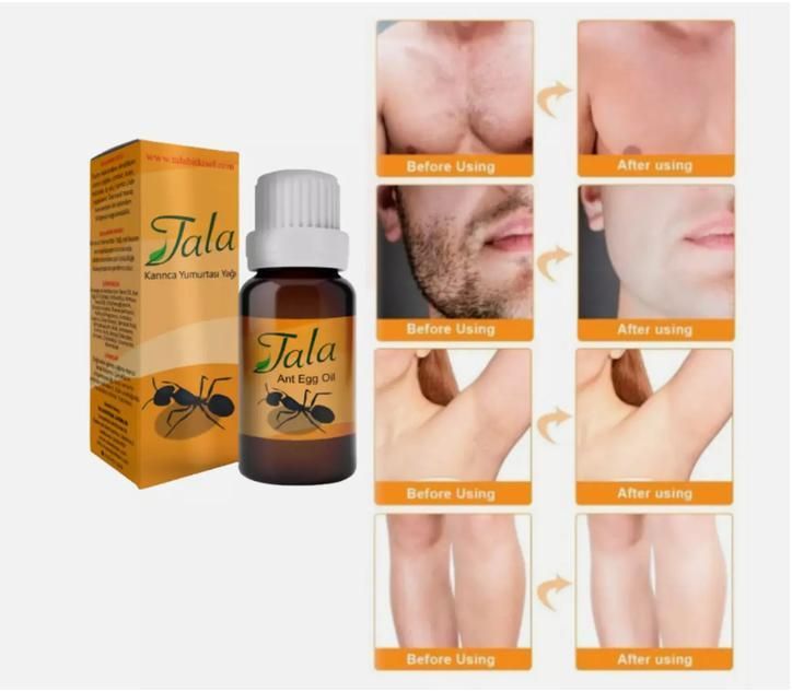 Flasche Tala Ant Egg Oil und Faltschachtel neben Vorher/Nachher-Bildern von Körperhaaren.