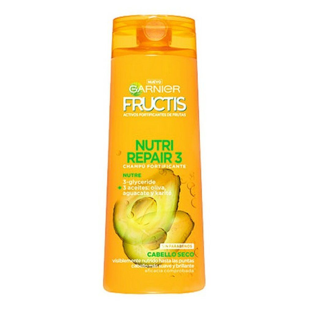 Gelbe Shampoo-Flasche mit Garnier Fructis-Logo und 'Nutri Repair 3'. Avocado-Abbildung. Text: 'Cabello Seco'.