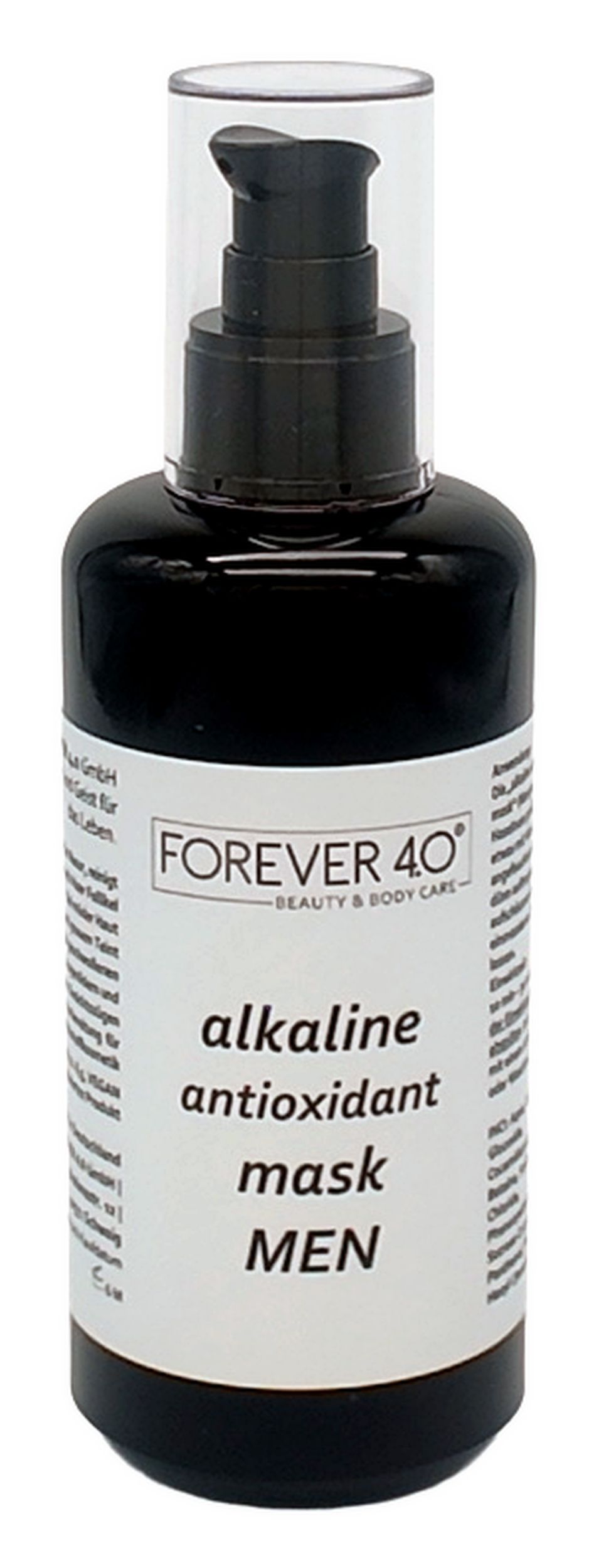 Schwarze Flasche mit Pumpe. Aufkleber mit Text: FOREVER 4.0, alkaline antioxidant mask MEN. Transparenter Deckel.