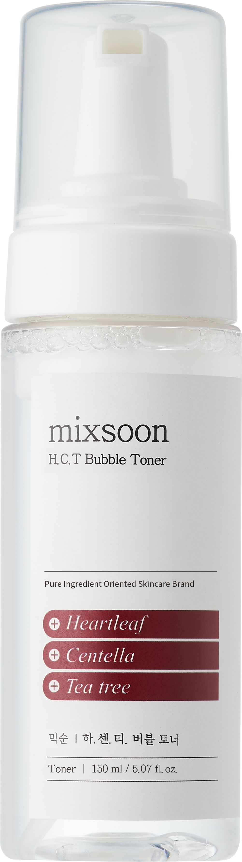 Transparente Flasche mit weißem Etikett. Aufschrift: mixsoon H.C.T Bubble Toner. Rote Streifen mit Inhaltsstoffen. Klare Pumpe.