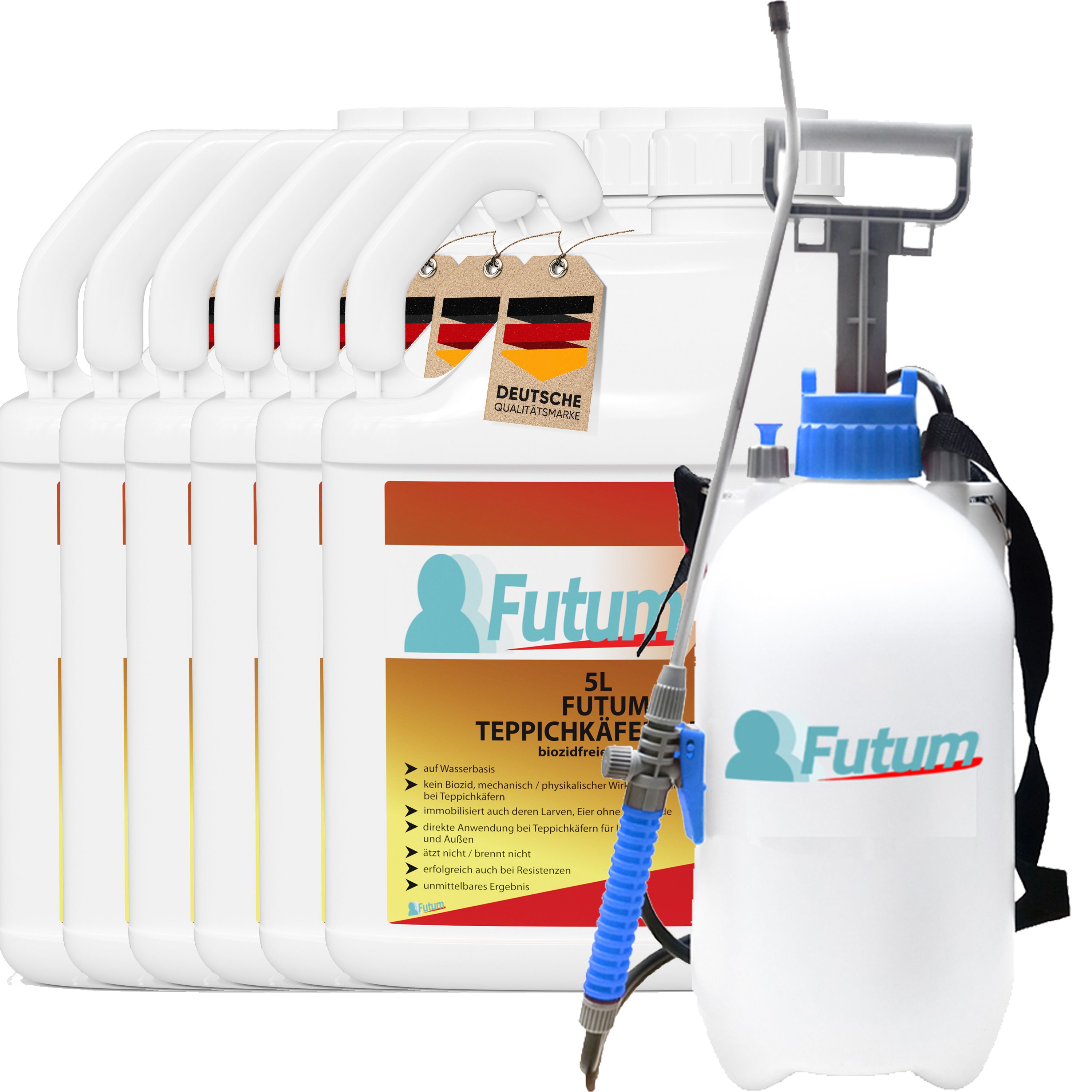 Mehrere weiße Kanister mit Griffen und Etiketten. Ein Sprühgerät mit blauem Griff. Auf einem Etikett steht "FUTUM".