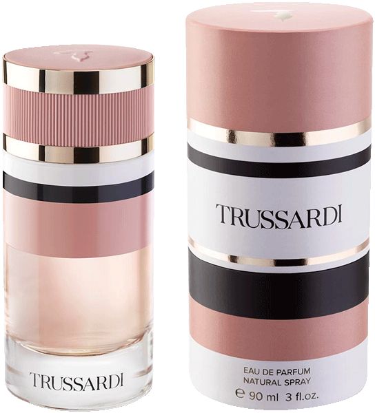 Parfümflakon und Verpackung. Flakon mit rosa, weißen und schwarzen Streifen. Verpackung mit Trussardi-Logo.