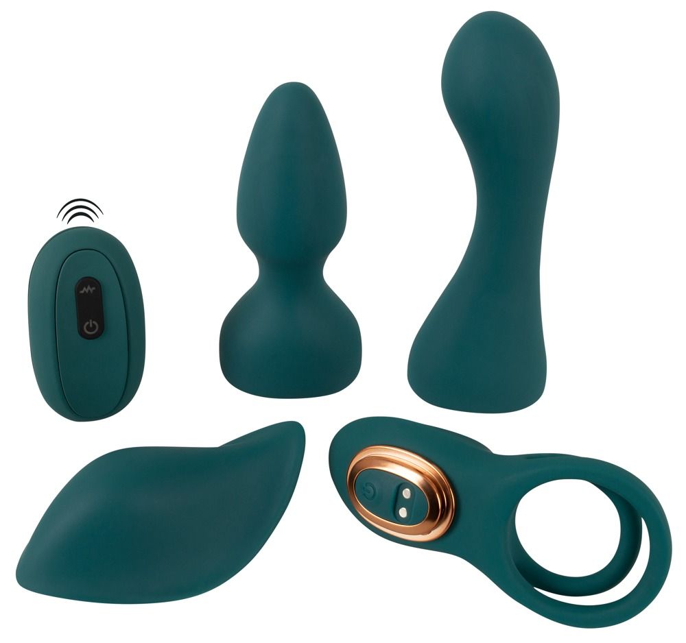 Set aus fünf teal-farbenen Wellness-Produkten, darunter ein Vibrator, ein Analplug, ein Ring und eine Fernbedienung.