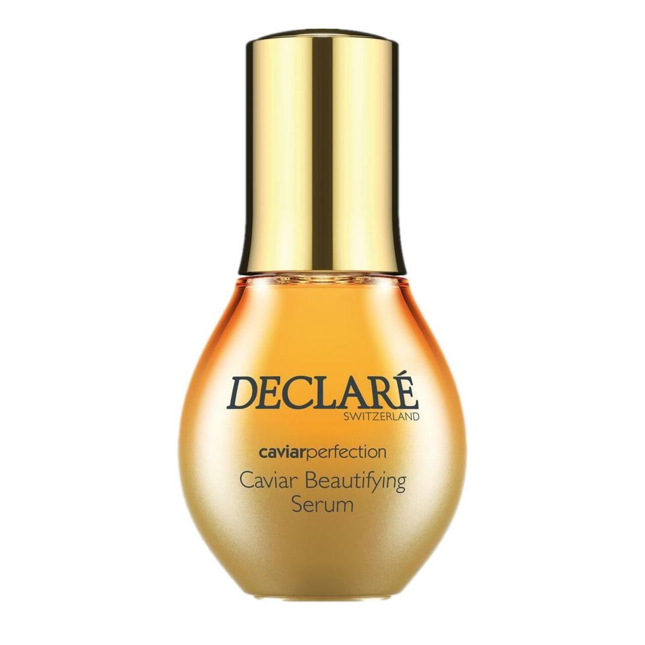 Serumflasche mit goldfarbenem Deckel. Aufschrift: DECLARÉ SWITZERLAND, caviarperfection, Caviar Beautifying Serum.