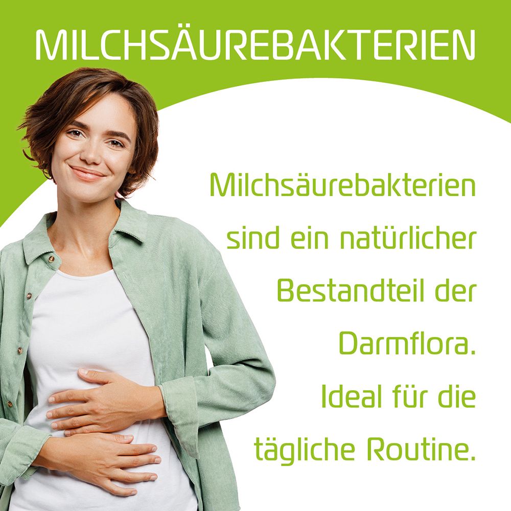 Frau hält sich den Bauch. Text: Milchsäurebakterien sind ein natürlicher Bestandteil der Darmflora. Ideal für die tägliche Routine.