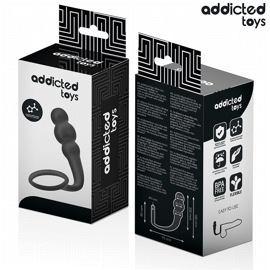 Produktverpackung. Schwarzer Karton mit Analplug-Abbildung. Marke: Addicted Toys. Text: BPA Free, Flexible, Easy to Use.
