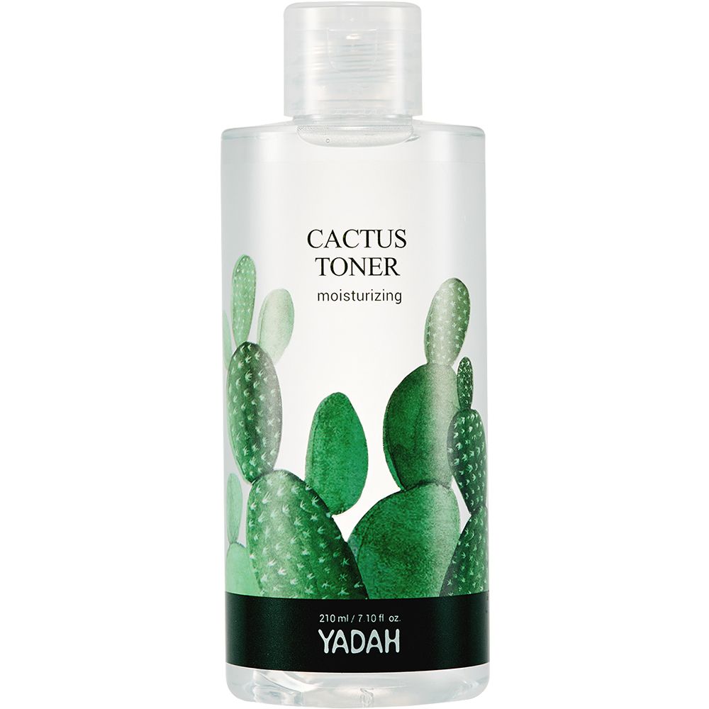 Transparente Flasche mit Cactus Toner. Aufschrift: Cactus Toner, YADAH. Abbildung von Kakteen. Schwarzer Streifen mit YADAH.