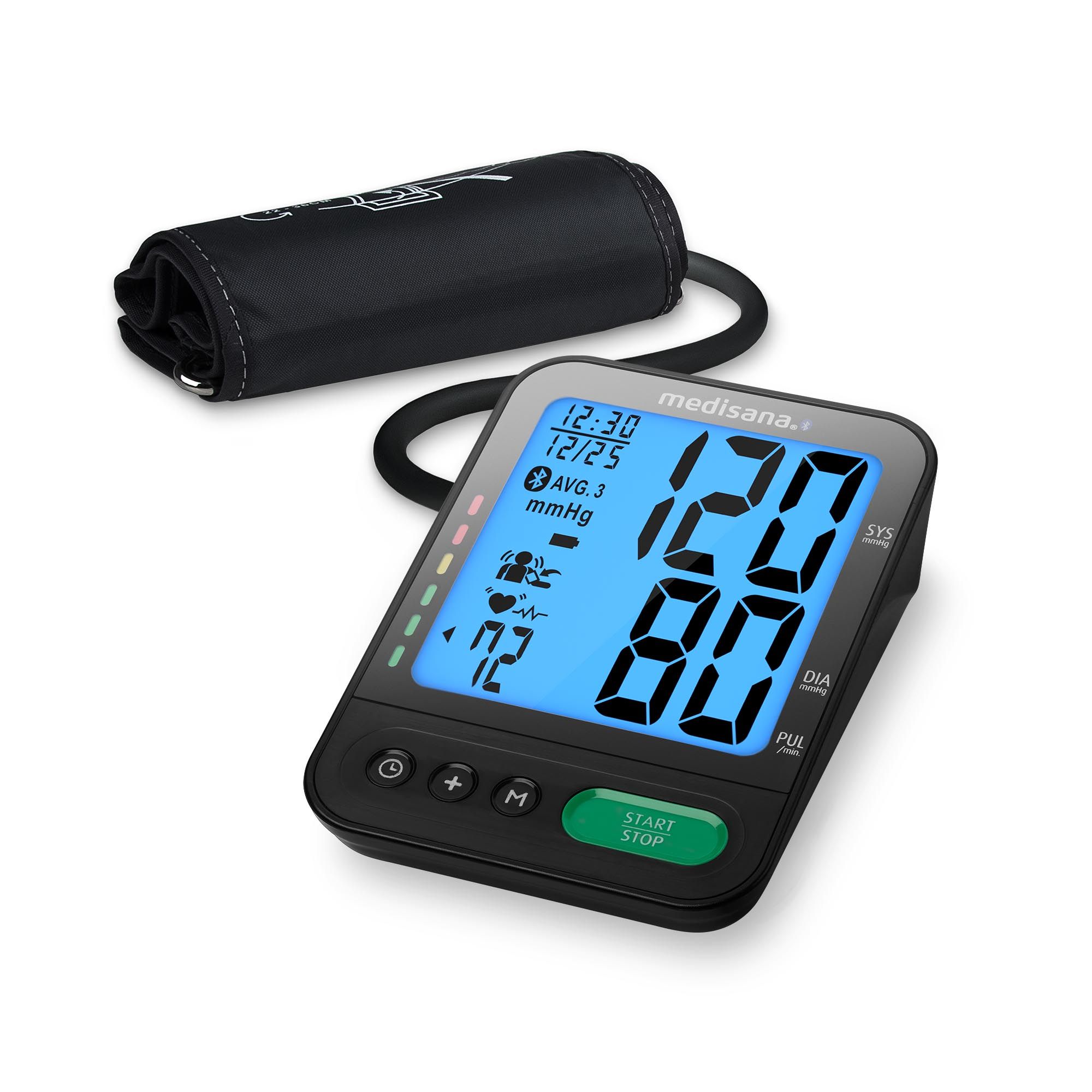 Bloeddrukmeter met manchet. Apparaat toont meetwaarden. Zwart apparaat met blauw display. Startknop groen.