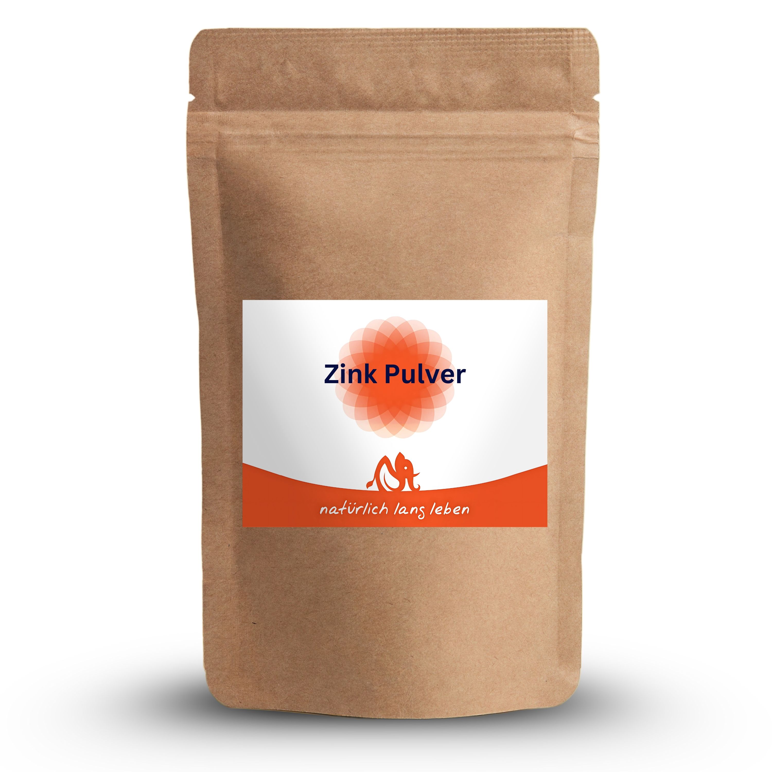 Beutel mit Zink Pulver. Aufkleber mit Produktname und Logo. Braune Verpackung, weißer Hintergrund.