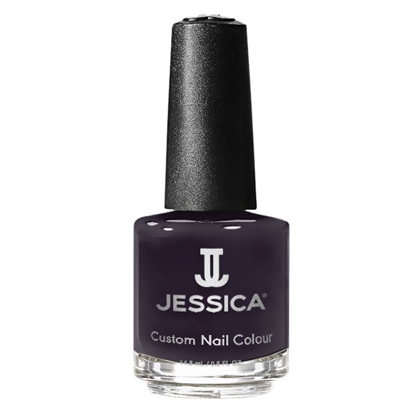 Dunkelvioletter Nagellackflakon mit schwarzem Deckel. Aufschrift: JESSICA Custom Nail Colour.