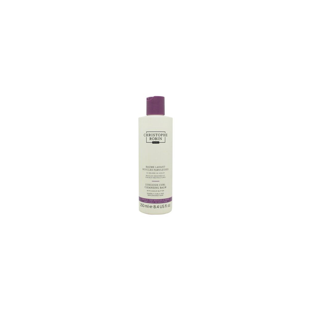 Weißes Shampoo-Fläschchen mit lila Deckel. Aufschrift: Christophe Robin Paris. Text: Baume Lavant Boucles Fabuleuses.