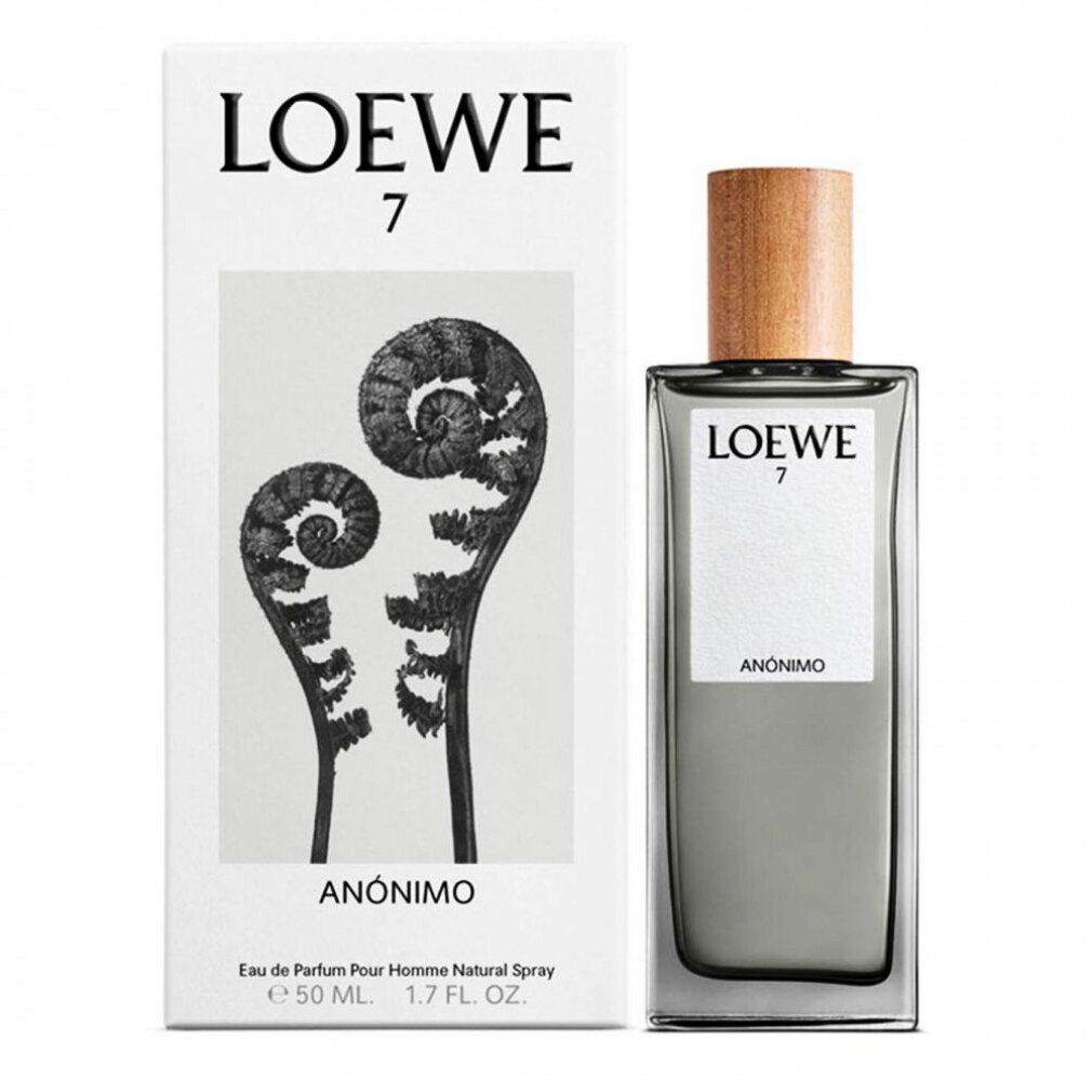 Glasflakon mit Holzverschluss und Verpackung. Auf der Verpackung steht "LOEWE 7 ANONIMO".
