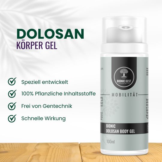 Weißer Spender mit schwarzem Etikett. Aufschrift: Dolosan Körper Gel. 4 grüne Häkchen.
