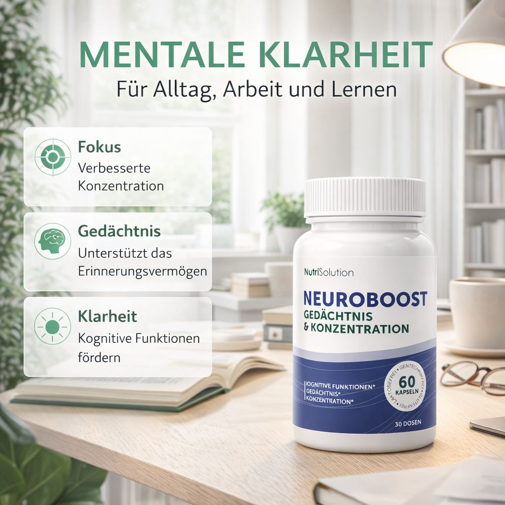 NutriSolution Neuro Boost Flasche auf einem Schreibtisch, für mentale Klarheit beim Lernen.