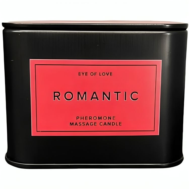 Schwarze Dose mit rotem Etikett, das "ROMANTIC PHEROMONE MASSAGE CANDLE" angibt.