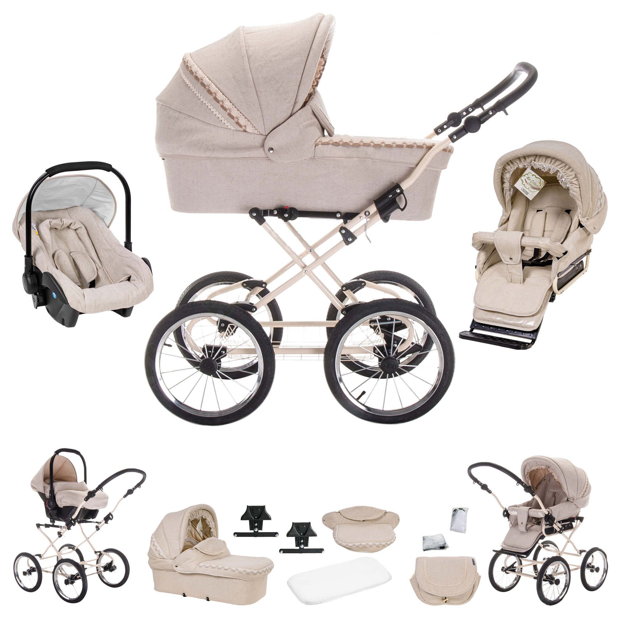 Friedrich Hugo Natureline 3 in 1 Kinderwagen Set Öko Nostalgie Kinderwagen, Hugo Creme
