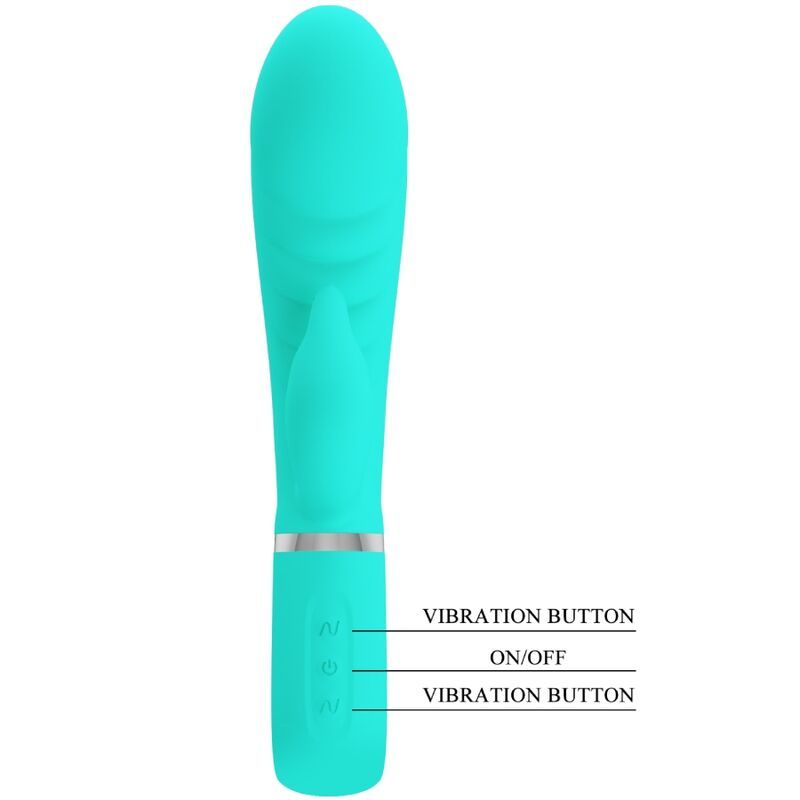 Türkisfarbener Vibrator mit länglicher Form. Mit Bedienfeld und Beschriftungen: Vibration Button, On/Off.