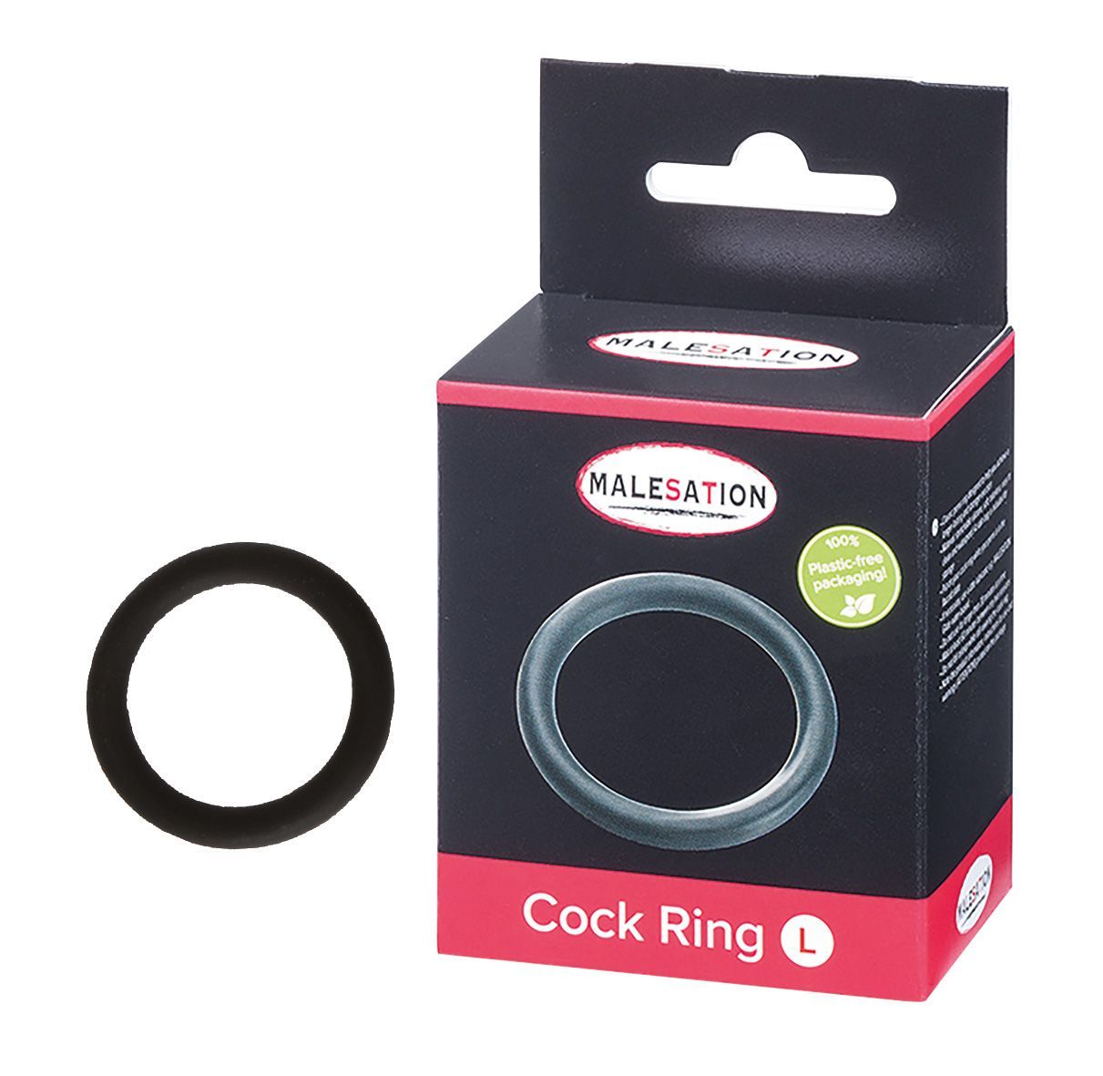 Schwarzer Silikon-Cockring L. Produkt und Verpackung. Marke: MALESATION. Verpackung mit Größenangabe und Logo.