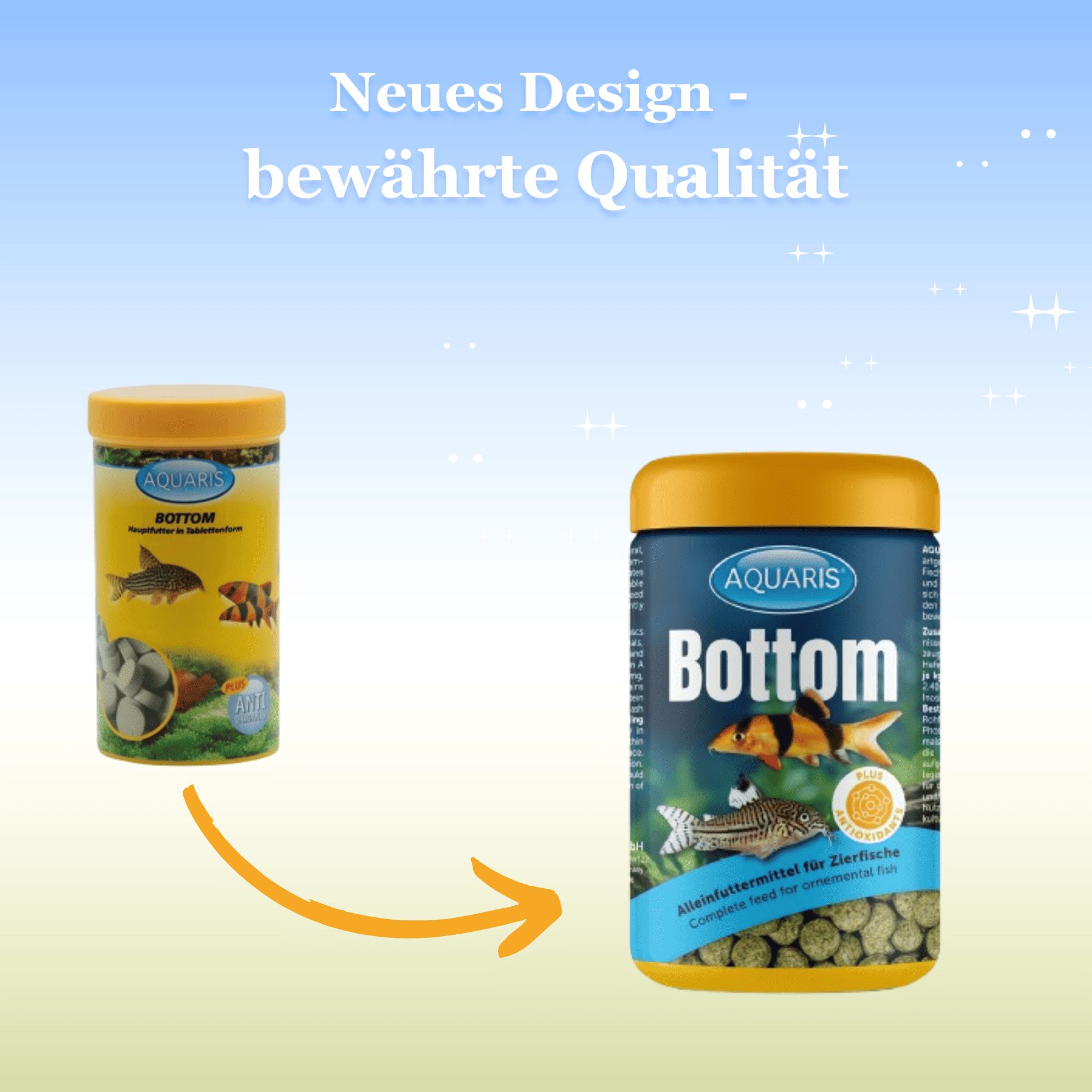 Vergleich von zwei Dosen AQUARIS Bottom. Links: Dose mit Tabletten. Rechts: Dose mit Fisch.
