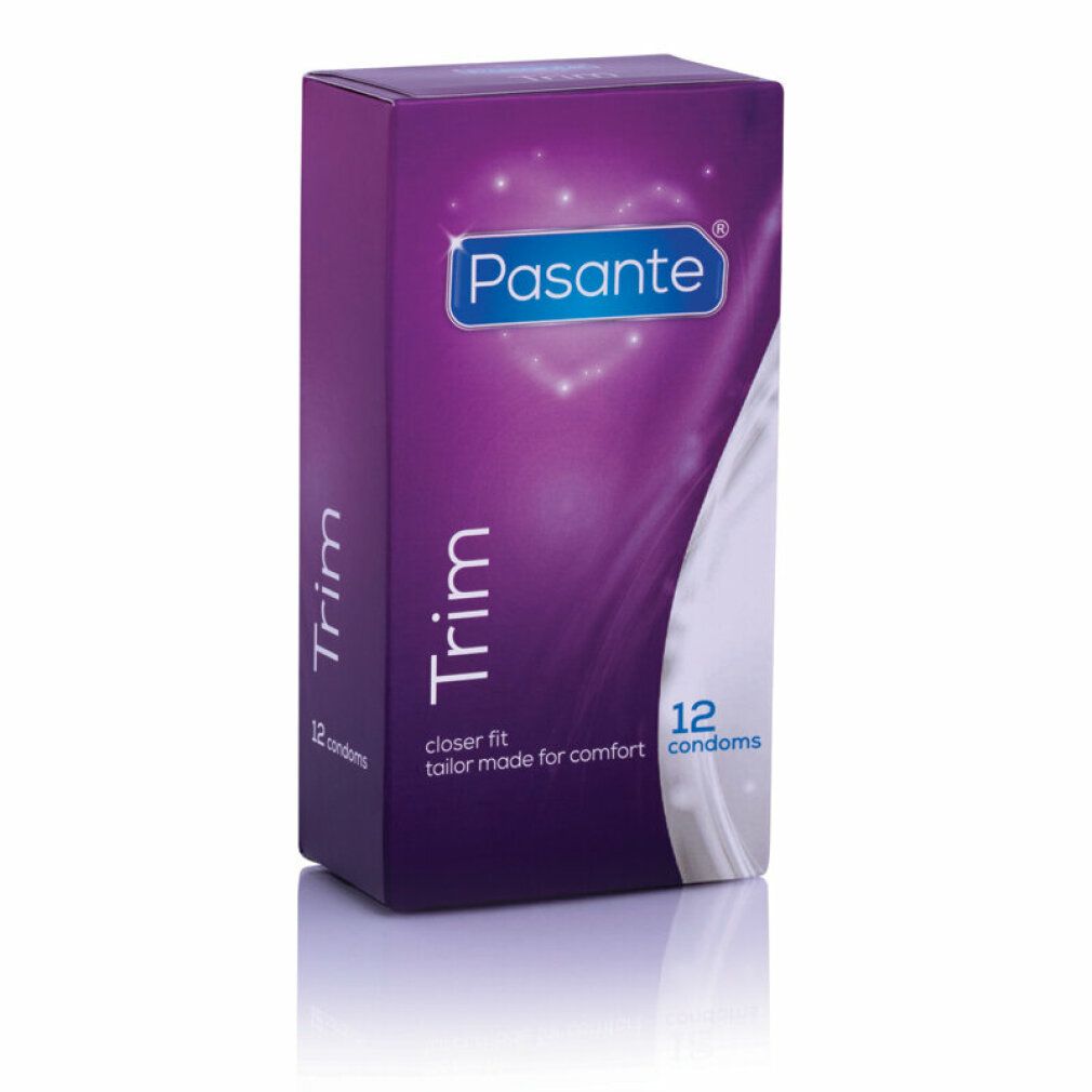 Verpackung von Pasante Trim Kondomen. Lila Schachtel mit Produktnamen und 12 Kondomen. Closer Fit.
