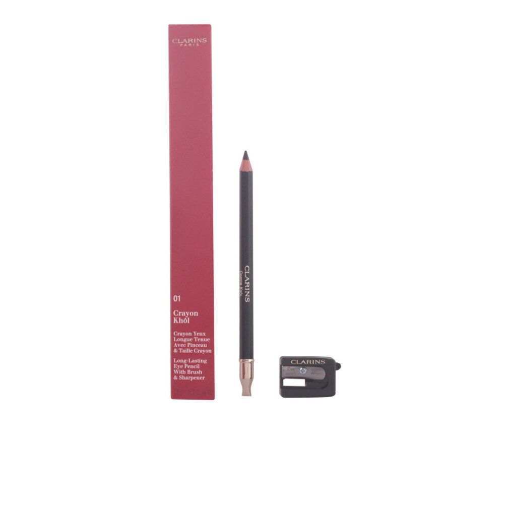 Schwarzer Kajalstift, rote Verpackung, Spitzer. Aufschrift: Clarins, 01 Crayon khôl.