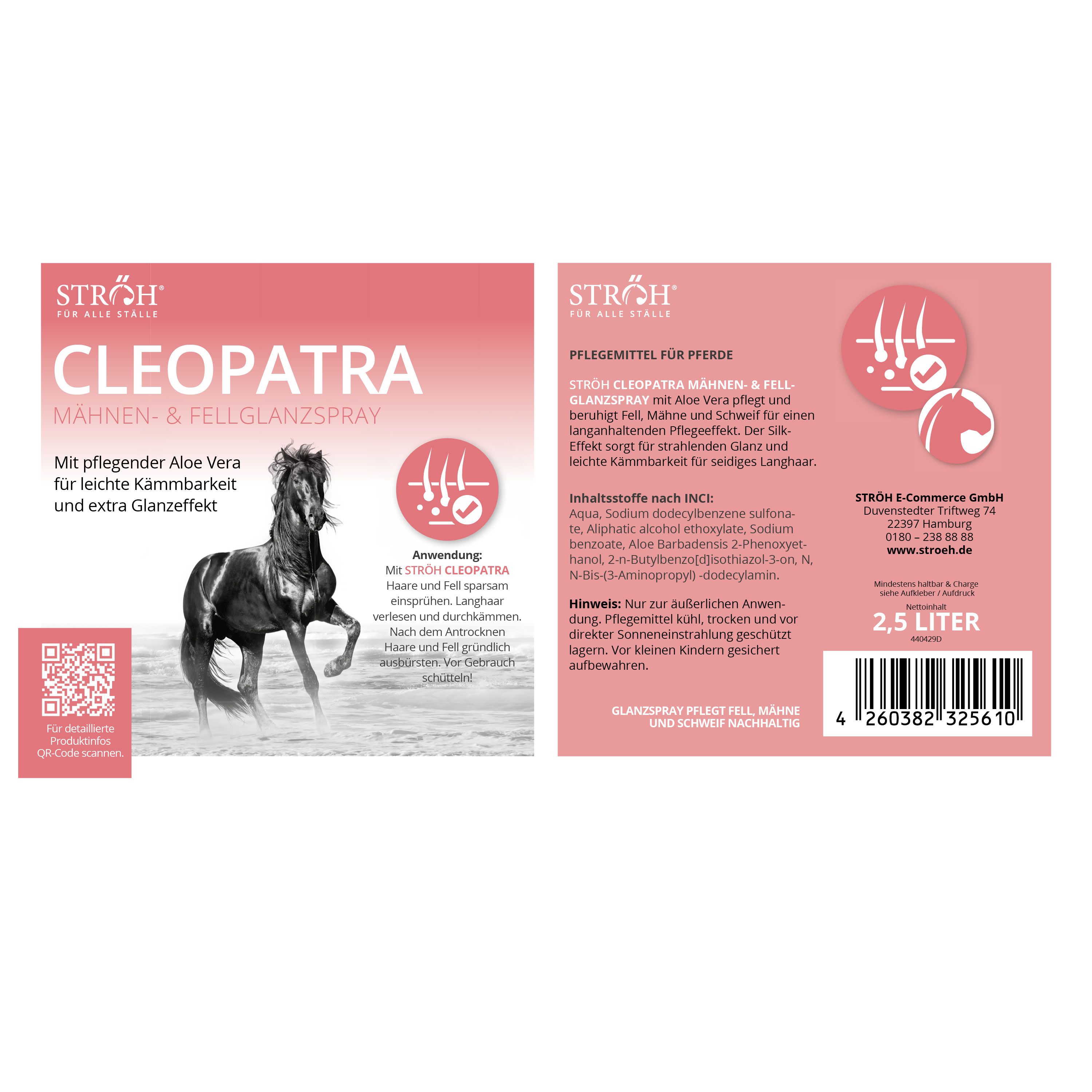 Rosa Etikett mit Produktinformationen. Aufschrift: Cleopatra Mähnen- & Fellglanzspray. 2,5 Liter.